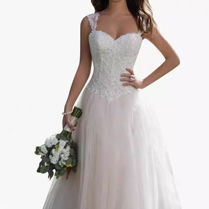 Wedding Dress A-Line V-Neck Lace Tulle White Simple Natural Waistline Short Train - Product Image 5