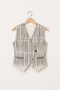Chaleco sin mangas a rayas blancas y negras, estilo cruzado, entallado, informal, para mujer, para usar con vestido. - Product Image 2