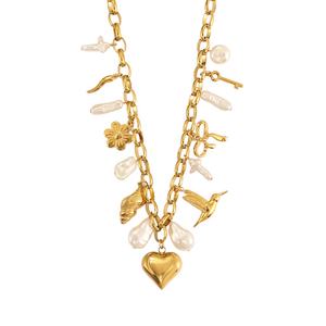 Collar de Perlas de Moda, Acero Inoxidable, Perlas de Imitación, Nudo de Mariposa, Amor, Paz, Pájaro, Flor, Collar Grueso - Product Image 4