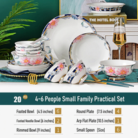 Nouvel ensemble de vaisselle de 20 pièces en porcelaine fine de style européen, luxe léger, motif végétal classique, bord doré (bols, assiettes, plats)
