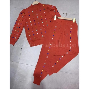 Ensemble de vêtements en tricot diamanté ZHEZHE, vêtements d'automne et d'<span class=keywords><strong>hiver</strong></span> <span class=keywords><strong>2023</strong></span>, haut à manches longues, ensemble pantalon deux pièces, ensemble en tricot luxueux pour femmes - Product Image 6