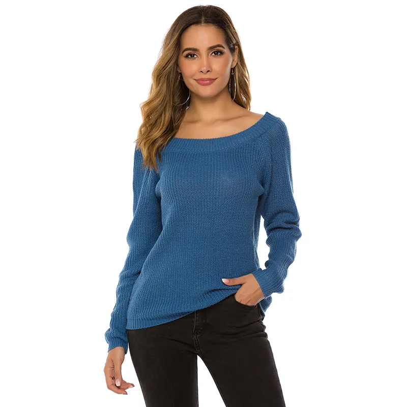 Autumn Stylish Simple Design Deep V-Neck Long Sleeve Blue Short Korea Knit Tunic Sweaters For Ladies