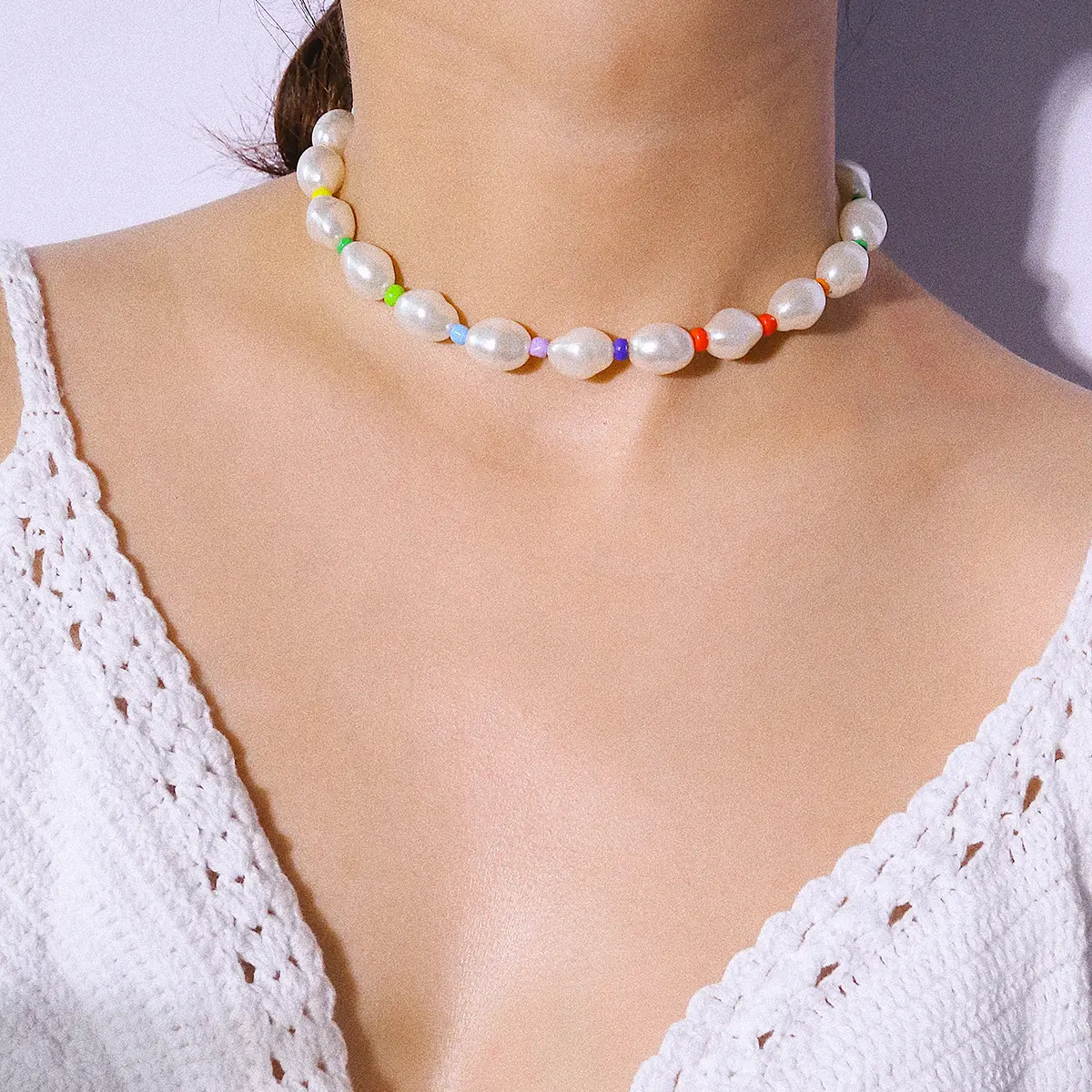 Bohemian Natural Colored Beads Fresh Water Pearl Necklace Seed Acrylic Bead Baroque Pearl Choker Necklace In Bulk