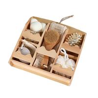 Set Hadiah Mandi Kayu Promosi, Set Kombinasi Sikat Mandi dan Bunga Mandi dengan Strip Peregangan, Kotak Kayu Bermotif Kotak-kotak, 7 Set