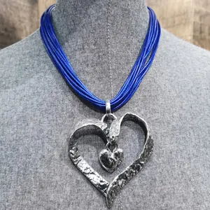 Vintage Leather Cord Necklace with Silver Heart Pendant Statement Choker Necklace