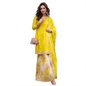Designer Chinon Silk Embroidered Sharara <b>Suit</b> Set with Dupatta for <b>Women</b> Party Wear <b>Wedding</b> Diwali Ethnic Quick Dry Collection - Product Image 1