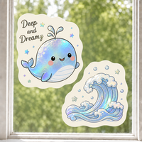 Autocollants personnalisés imperméables en PVC vinyle, motif baleine et vague océanique Kawaii, autocollant décoratif électrostatique imprimé UV pour fenêtre et verre