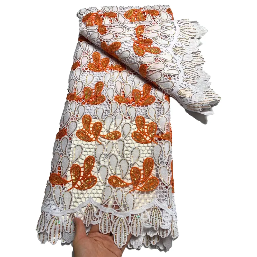 HFX African Curtain Lace Fabric Hochwertiger nigeriani scher Vorhangs pitzen stoff mit genähtem Pailletten hochzeits kleid