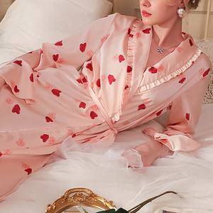 <span class=keywords><strong>Vestaglia</strong></span> Sexy in Raso con Cintura, Pigiama a Maniche Lunghe, Abbigliamento <span class=keywords><strong>da</strong></span> <span class=keywords><strong>Notte</strong></span> per Donne, Stampa a Cuori, Vestito <span class=keywords><strong>da</strong></span> <span class=keywords><strong>Notte</strong></span> in Raso con Volant - Product Image 4