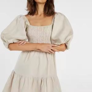 Vestido de Lino de Alta Calidad a Bajo Precio para Mujer, Estilo Ejecutivo, Cuello Cuadrado, Casual, Espalda Descubierta, Manga Abullonada, Mini Vestido de Verano para Dama - Product Image 4