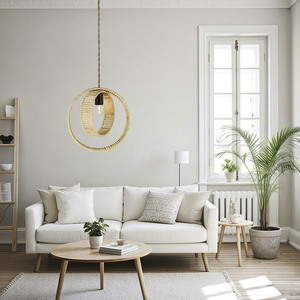 Nordic Minimalist Woven Paper <b>Rope</b> Chandelier Round E27 Beige Pendant <b>Light</b> For Indoor Decor - Product Image 1