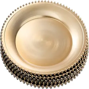 Luxury 13 Inch Shiny Wedding Gold Plastic Round Charger Plate With Beaded Rim Plates