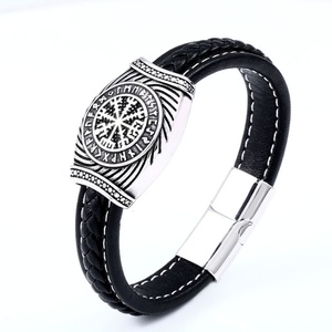 Wholesale Stainless Steel Viking Thor's Hammer Double Layer Braided Cuff Bracelet Black Leather Buckle Fashion Charm Bracelets - Product Image 2
