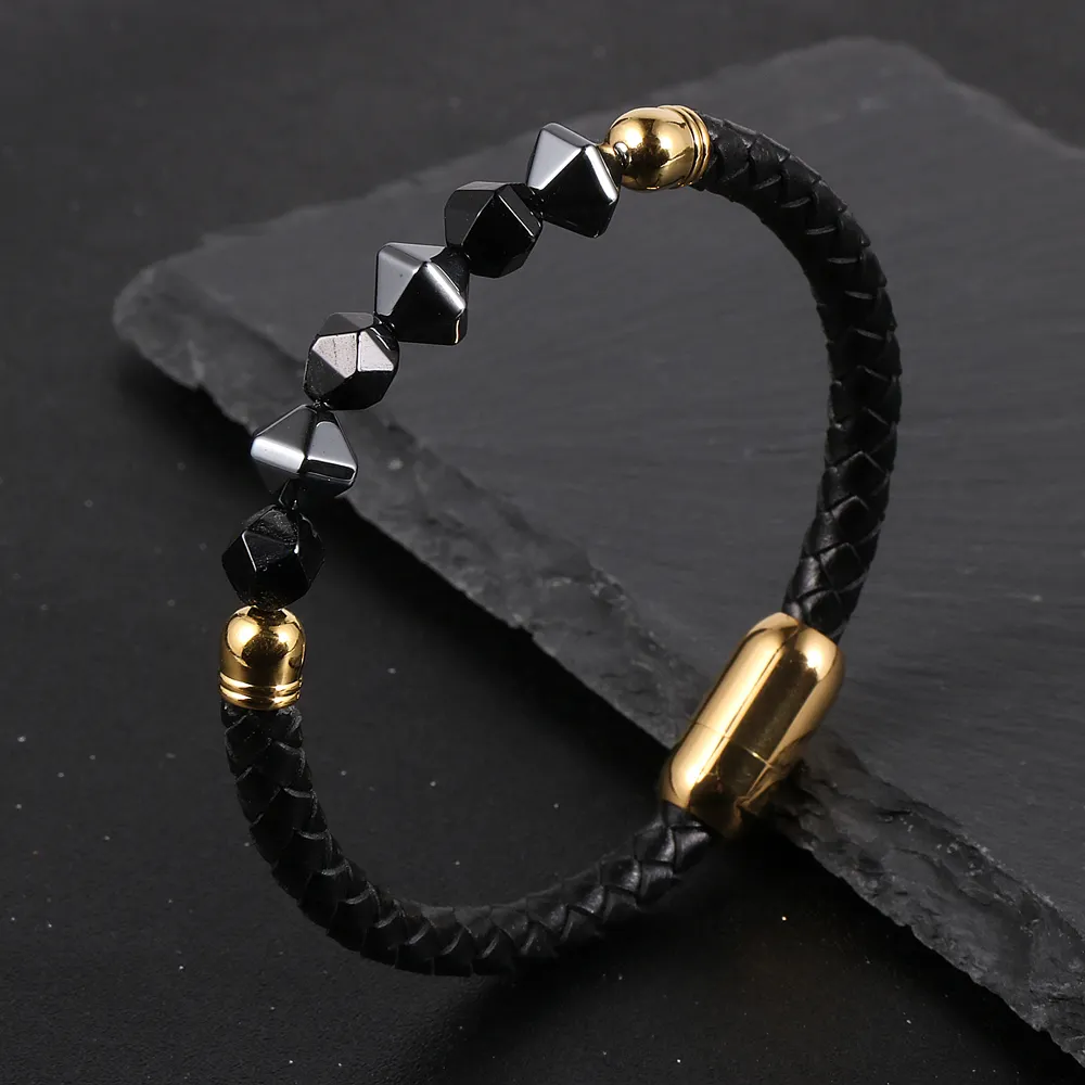 Genuine Leather Bracelet for Men Natural Faces Stone Black Hematite Beads Women Charm Bracelet Magnetic Clasp Bangle Bracelet