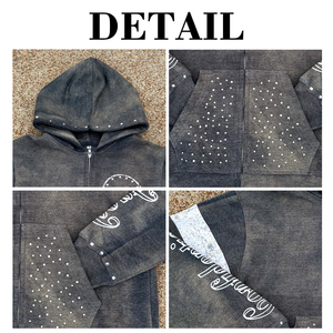 Sudadera con capucha rosa para hombre con logo personalizado de pedrería, estilo Y2K streetwear, con cremallera, efecto desgastado por el sol, corte holgado, lavado ácido y desgastado - Product Image 6