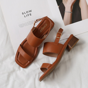 Brown Genuine Leather Heeled Sandals Open Toe Buckle Closure Low <b>Block</b> Heel Summer Women Shoes Elegant Comfort Style - Product Image 2
