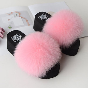 Real Fox Fur Slippers Woman Summer Open Toe Wedge Heels <b>Slides</b> Sandals Ladies Cute Plush Fluffy Shoes Women's Furry Slippers - Product Image 6