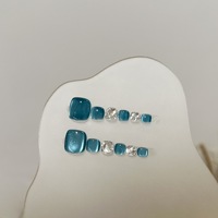 Ongles carrés à presser en acrylique faits main haut de gamme, pré-dessinés, prêts à poser, motif ciel étoilé bleu œil-de-chat, artificiels, pour l'été