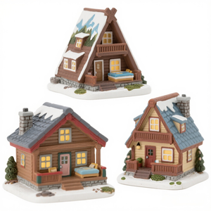 Ensemble de maisons de village de Noël en résine, <span class=keywords><strong>figurine</strong></span> de cabane en bois enneigée, maison miniature lumineuse à LED, décoration de Noël - Product Image 1