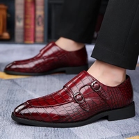 Chaussures habillées pour hommes en cuir verni noir gaufré crocodile, à double boucle moine, avec double détails métalliques, à enfiler, pour mariage et affaires