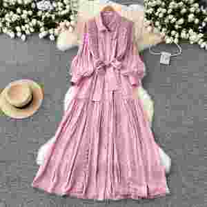 Vestido Midi Casual de Manga Larga con Cintura Imperio para Mujer, Tejido Transpirable y Lavable, con Estampado en Relieve, Estilo Ecológico para Otoño - Product Image 1