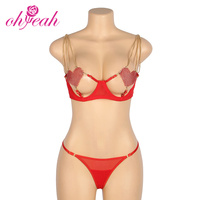 Ensemble Soutien-Gorge et Culotte Rouge Sexy de Haute Qualité, Lingerie Chaude pour Femme, Maille Fantaisie avec Chaîne Cœur, Lingerie Érotique Grande Taille