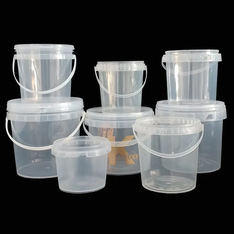 Factory Supply 500ml-5L Food Grade Clear Plastic Emmer Met Deksel En Handvat Commerciële Ronde Emmer Kan Worden Gedrukt Logo