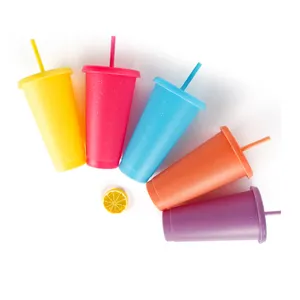 24oz 710ml PP plastic cup cold drink coffee with lid and straw with small grain to change color cup