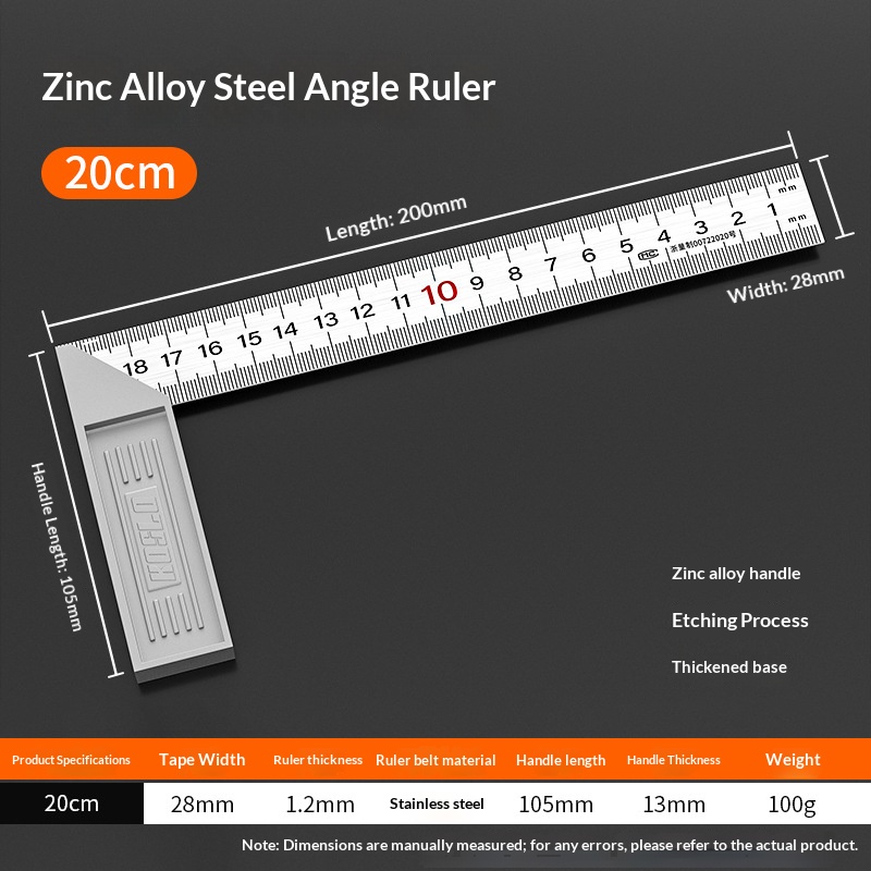 Righello quadrato in acciaio legato allo zinco - 20 cm