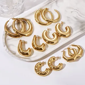 Byron Waterproof High Quality Fashion Jewelry 18K Gold Plated Stainless Steel Chunky Hollowed Statement Hoop Earrings For Women