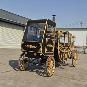 Charrette de mariage royale électrique noire à 4 roues avec décorations dorées, chariot de transport spécial élégant traîné par des chevaux - Product Image 5