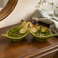 Ensemble de plateaux à bibelots en céramique en forme de feuille, avec figurine d'oiseau, vert forêt, pour bijoux et clés, artisanat, cadeau de Ramadan, d'anniversaire, pour la maison