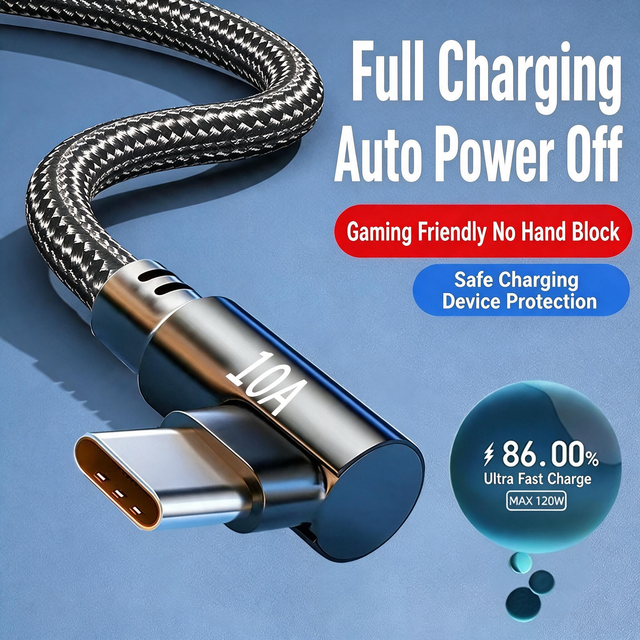 10A USB Type C Fast Charging Data Cable 90 Degree Right Angle Nylon Braided Gaming Charger Cord 0.3m 1m 2m 3m