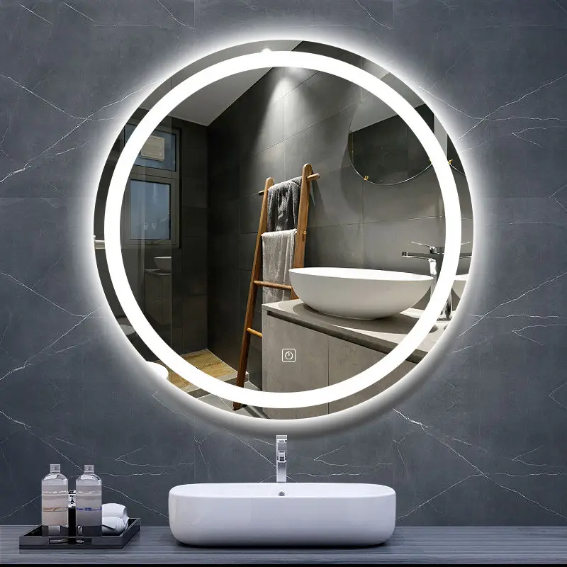 กระจก LED แบบกลมติดผนังกระจกแบบสัมผัสอุปกรณ์ป้องกันหน้าจออัจฉริยะสำหรับห้องน้ำพร้อมไฟ LED
