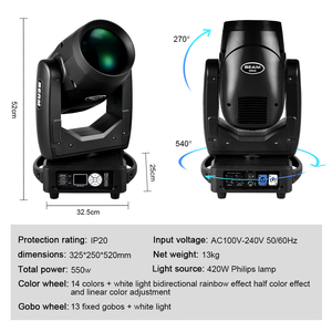 Luces de haz de 550W en oferta, DMX512, 14 colores, 13 gobos, estroboscópico bidireccional de arcoíris de ultra alta velocidad, 20/16 canales <span class=keywords><strong>DMX</strong></span>, prisma dual - Product Image 5