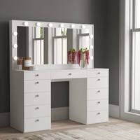 Table de toilette multifonctionnelle en bois avec miroir Miroir éclairé 13 tiroirs Plateau en verre blanc Écologique Moderne