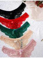 Culotte string sexy en dentelle pour femme, à bords festonnés, ajourée, avec nœud, taille mi-haute, respirante, broderie florale, lingerie