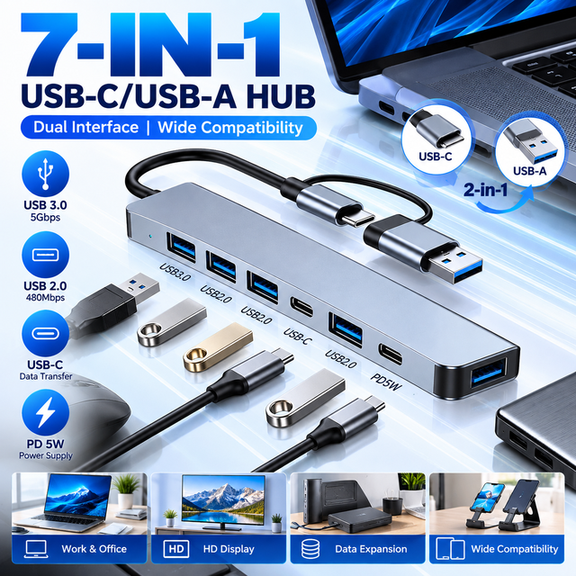 Multi Port USB Splitter USB-C Hub Aluminum Alloy 7 in 1 Adapter OTG Type-C Type C USB 3.0 2.0 Multiport Hub