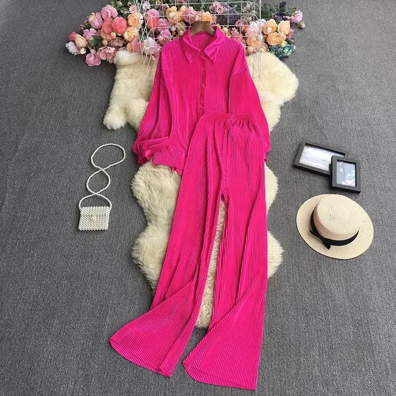 Spring Summer Two Piece Set Tracksuit Casual Outfit Suits Women Beige Shirt Long Blouse Tops Pleated Wide Leg Pants 2 Piece Sets