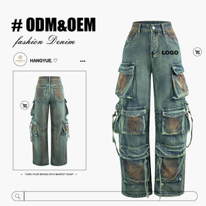 Yüksek Bel <span class=keywords><strong>Vintage</strong></span> Eskitme Efektli Erkek Kot Pantolon Çok Cepli Kişiselleştirilmiş Tasarım Hip Hop Özel Logolu Erkek Kot Pantolonu - Product Image 1