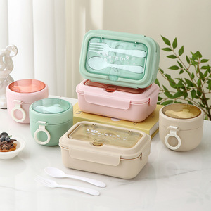 Lonchera Bento de PP de Doble Capa Personalizada, Linda y Transparente, Recipiente Rectangular para Alimentos Apto para Microondas, 2 Compartimentos, Tenedor y Cuchara - Product Image 4