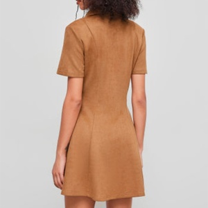 Personalizado Y2K dulce Vestido de manga corta de cuero de gama alta de verano de moda Sexy de gamuza Turn-Down Collar plisado A-Line Mini vestido - Product Image 4