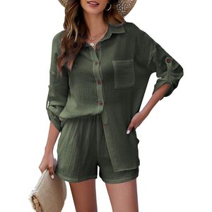 Ensemble 2 pièces en lin et coton pour femme FOXA : chemise boutonnée et short respirant avec manches retroussables et poches - Product Image 1