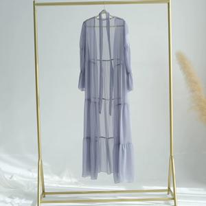 Abaya Modesta Semitransparente Azul Polvoriento con Volantes en Capas, Vestido Maxi con Hiyab a Juego, 100% Poliéster, Manga Larga, Ropa Islámica para Primavera/Verano - Product Image 5