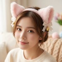 Serre-tête coréen pour femme, fait main, de haute qualité, avec oreilles de chat mignonnes roses, nœud et clochette, en peluche, couleur personnalisable