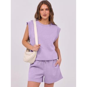 Conjunto de dos piezas para mujer, sin mangas, cuello redondo, pantalones cortos de punto transpirables, traje informal para primavera y verano - Product Image 2