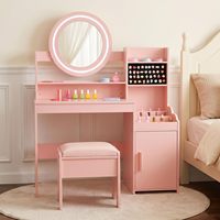 Ensemble Coiffeuse Moderne en Bois pour Enfants avec Lumières LED, Miroir, Étagères de Rangement et Chaise de Maquillage Princesse pour Filles – Idéal pour Chambre d'Enfant