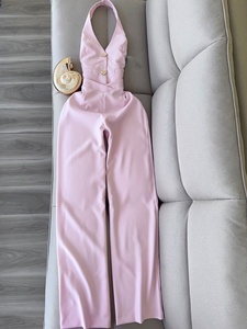 Tuta Rosa con Scollo all'Americana da <span class=keywords><strong>Donna</strong></span>, Estiva, di Alta Gamma, con Fibbia a Cuore, Senza Maniche, Pantaloni a Gamba Larga, in Poliestere, <span class=keywords><strong>Elegante</strong></span> e alla Moda - Product Image 4