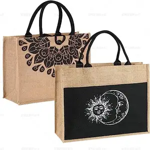 Wholesale Printed Custom Jute Tote Bags With Canvas Front Pocket Natural Eco Friendly Burlap Beach Jute Bags for Shopping