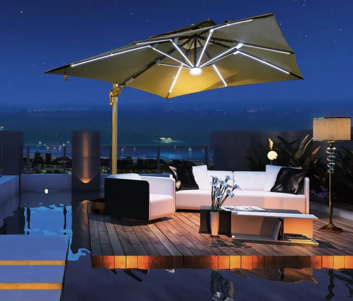 Hoge Kwaliteit Gouden Solar Led Licht Parasol Paraplu 3X3 Vierkante Romeinse Paraplu 360 Graden Roterende Outdoor Meubelen Parasol